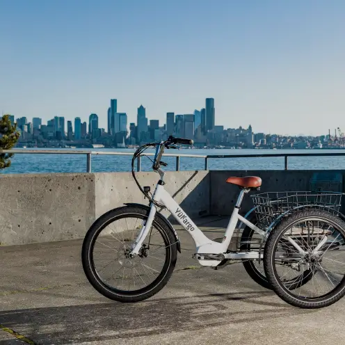 Vélo cargo électrique trois roues blanc Yükargo avec caisson métallique garé près de l’eau avec vue sur la ville